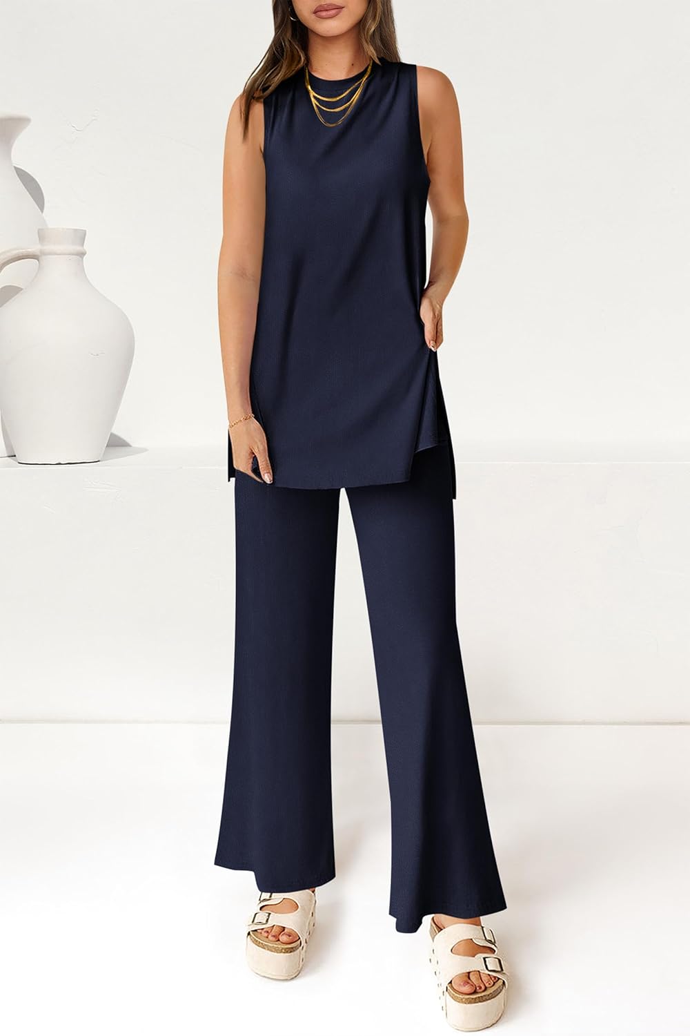 Women's Casual Loose Tank Top Wide Leg Pants 2 Piece Lounge Set