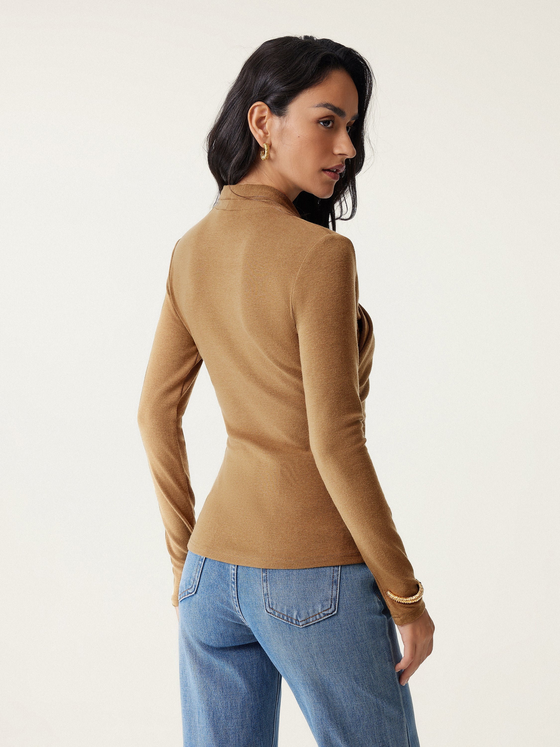 Womens Slim Fitted Deep V Neck Cross Wrap Top Long Sleeve T-Shirts