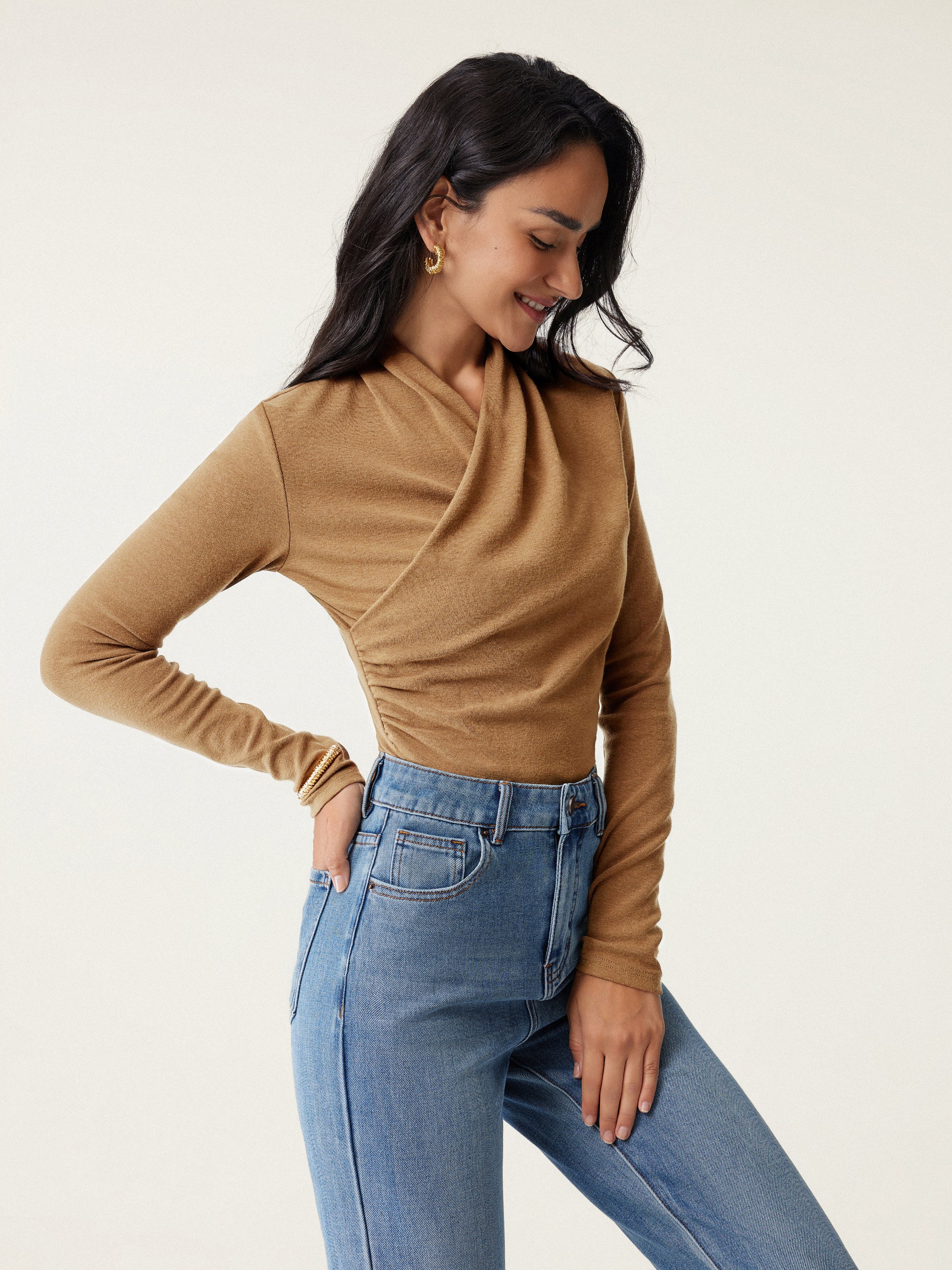 Womens Slim Fitted Deep V Neck Cross Wrap Top Long Sleeve T-Shirts