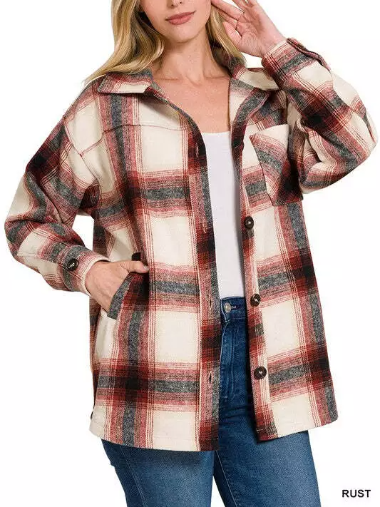  Oversized Yarn-Dyed Plaid Longline Shacket with Pockets
