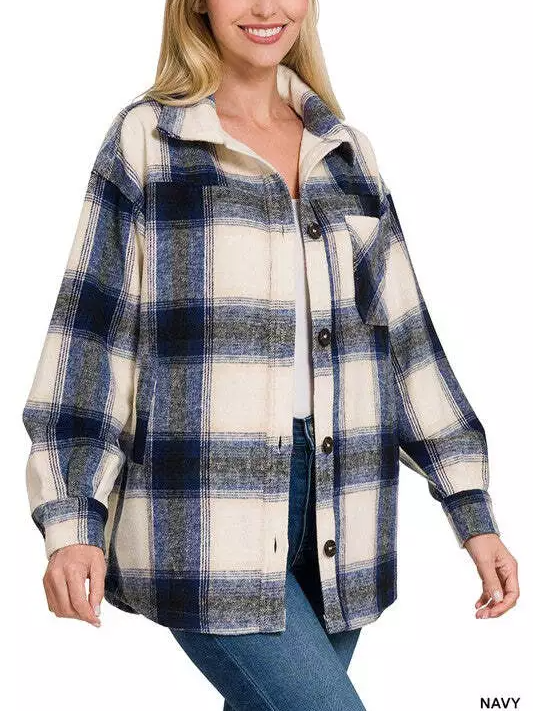  Oversized Yarn-Dyed Plaid Longline Shacket with Pockets