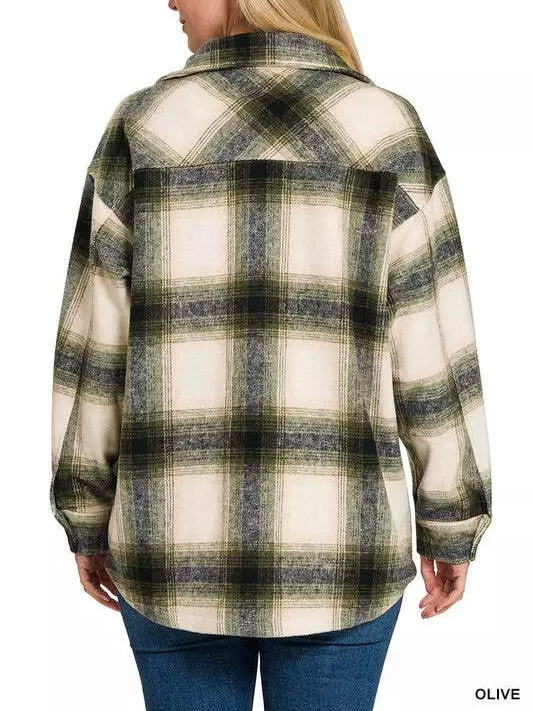  Oversized Yarn-Dyed Plaid Longline Shacket with Pockets