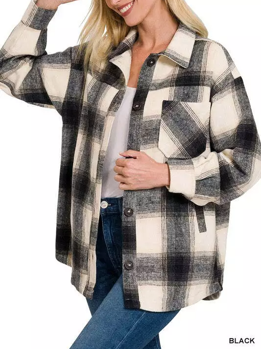  Oversized Yarn-Dyed Plaid Longline Shacket with Pockets