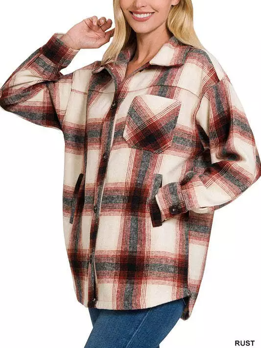  Oversized Yarn-Dyed Plaid Longline Shacket with Pockets