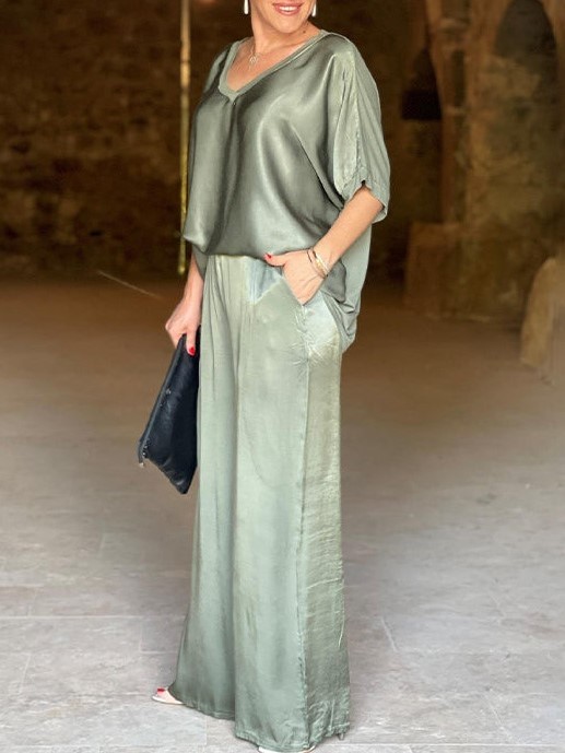 HOT SALE V-neck Satin Top and Wide Leg Two-piece Set