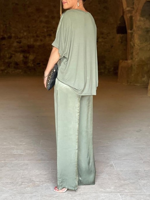 HOT SALE V-neck Satin Top and Wide Leg Two-piece Set