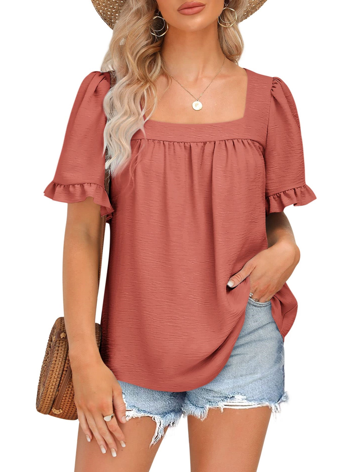 Women's Sqaure Neck Ruffle Sleeve Blouses Peplum Tops