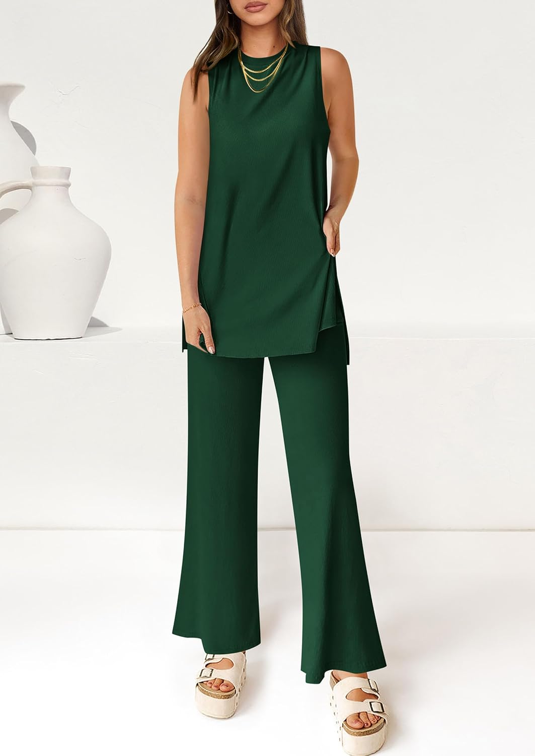 Women's Casual Loose Tank Top Wide Leg Pants 2 Piece Lounge Set