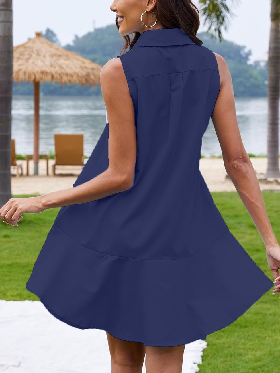 Women's Sleeveless Button Shirt Dress with Pockets