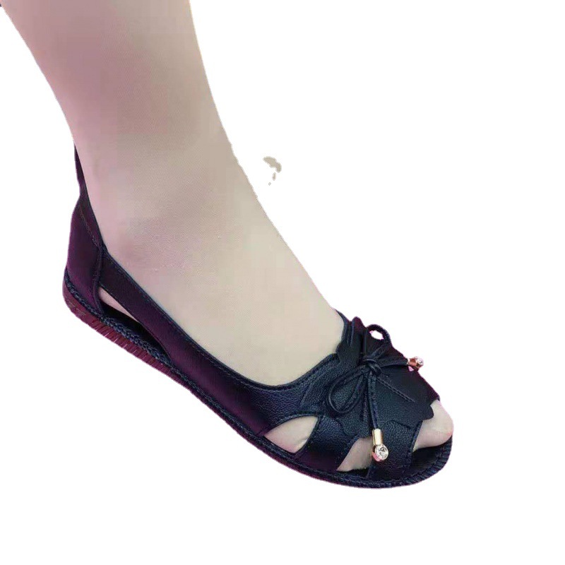 Women's Leather Shoes Low Top Peep-toe Walking Shoes for Middle Aged Summer