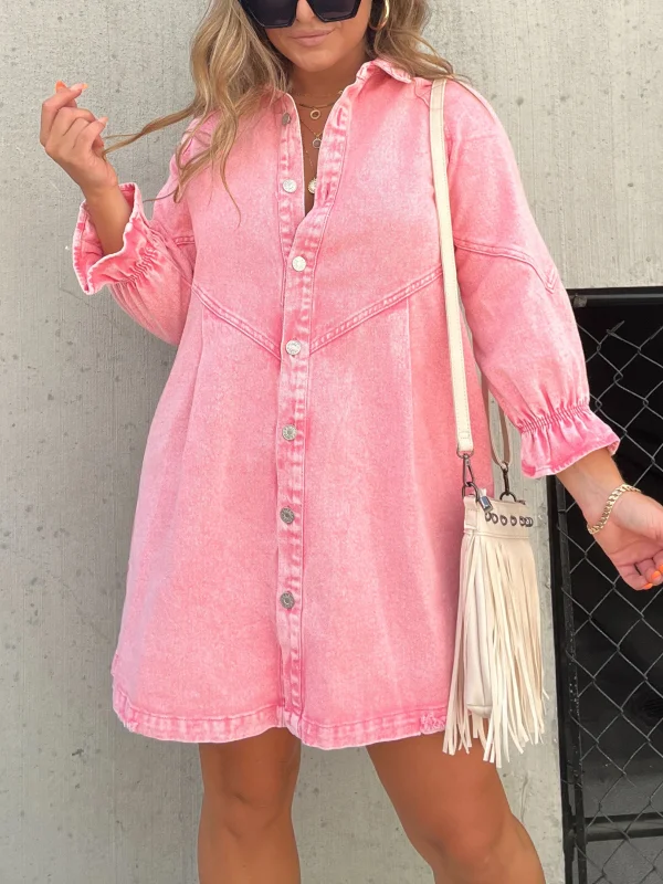 🔥New Long Sleeve Downtown Denim Shirt Dress