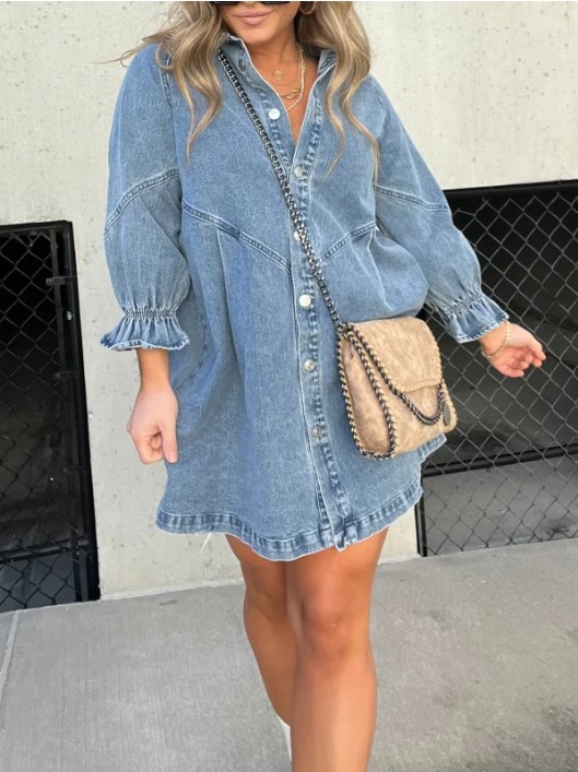 🔥New Long Sleeve Downtown Denim Shirt Dress