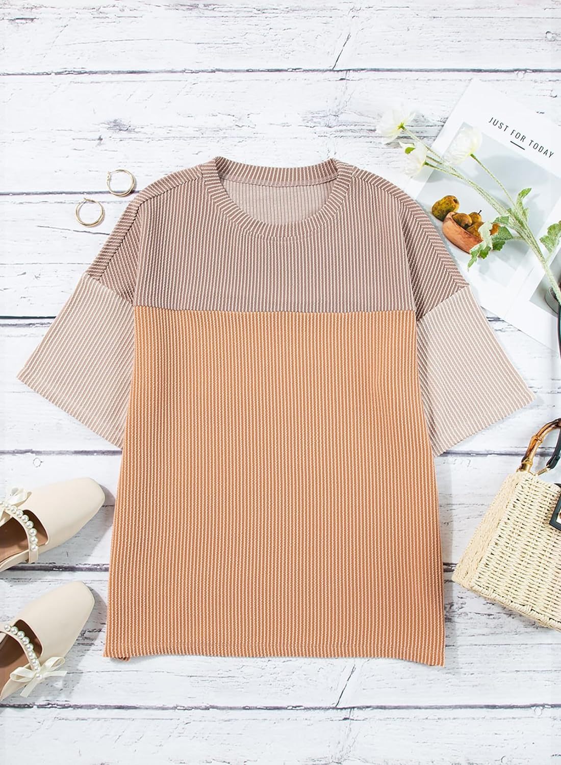  Color Block  Crewneck Knitted  T Shirts Tops