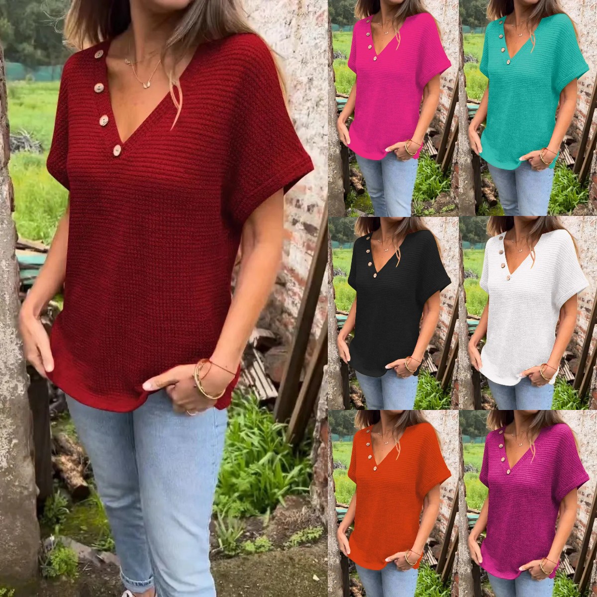 Women’s Waffle Grid Summer Short Sleeve V-Neck T-Shirt（Buy 2 Free Shipping）