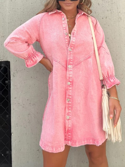 🔥New Long Sleeve Downtown Denim Shirt Dress