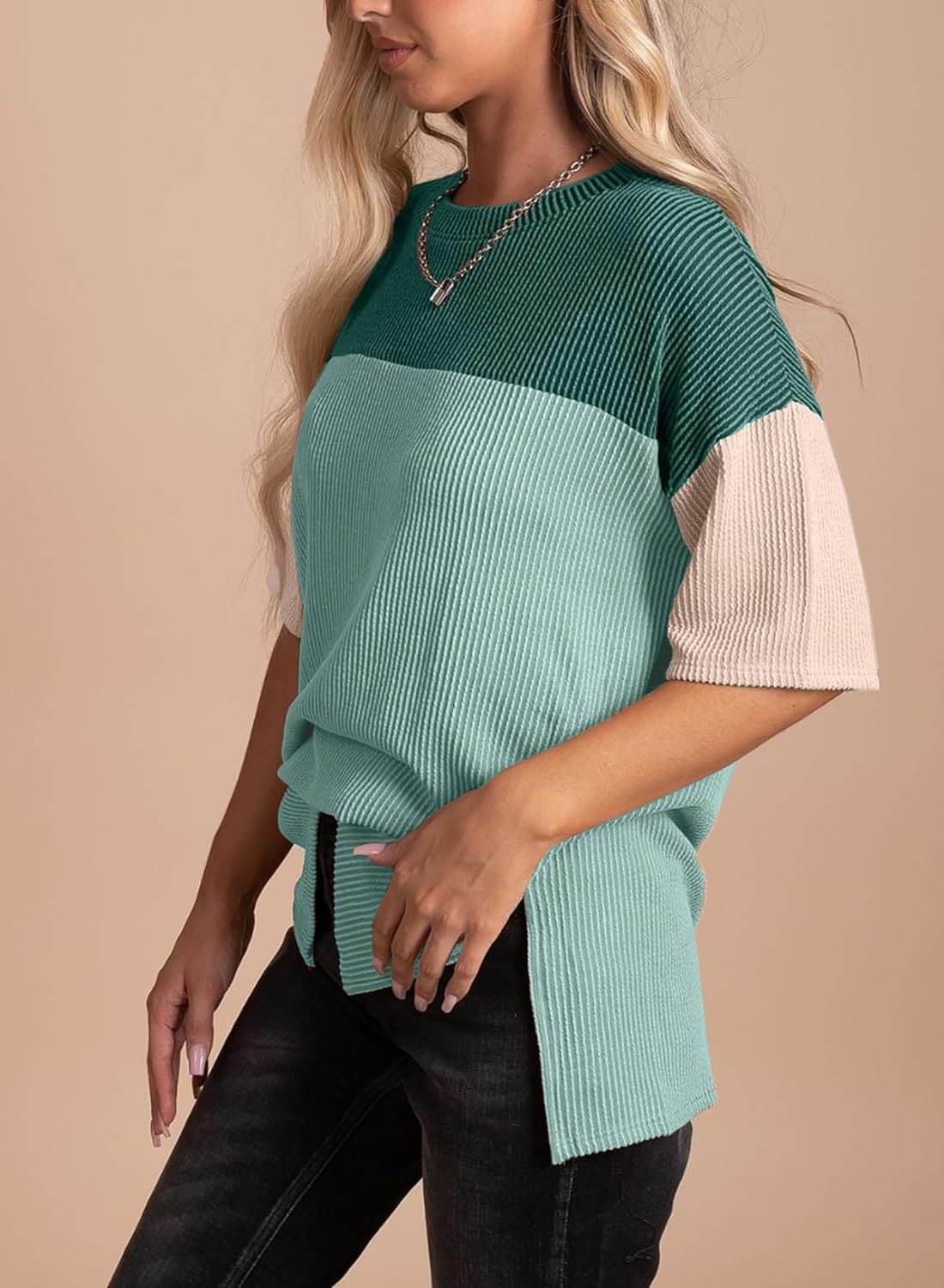  Color Block  Crewneck Knitted  T Shirts Tops