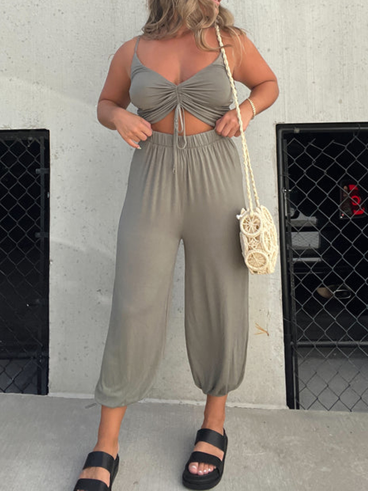 Drawstring Bow V-Neck Casual Jumpsuit
