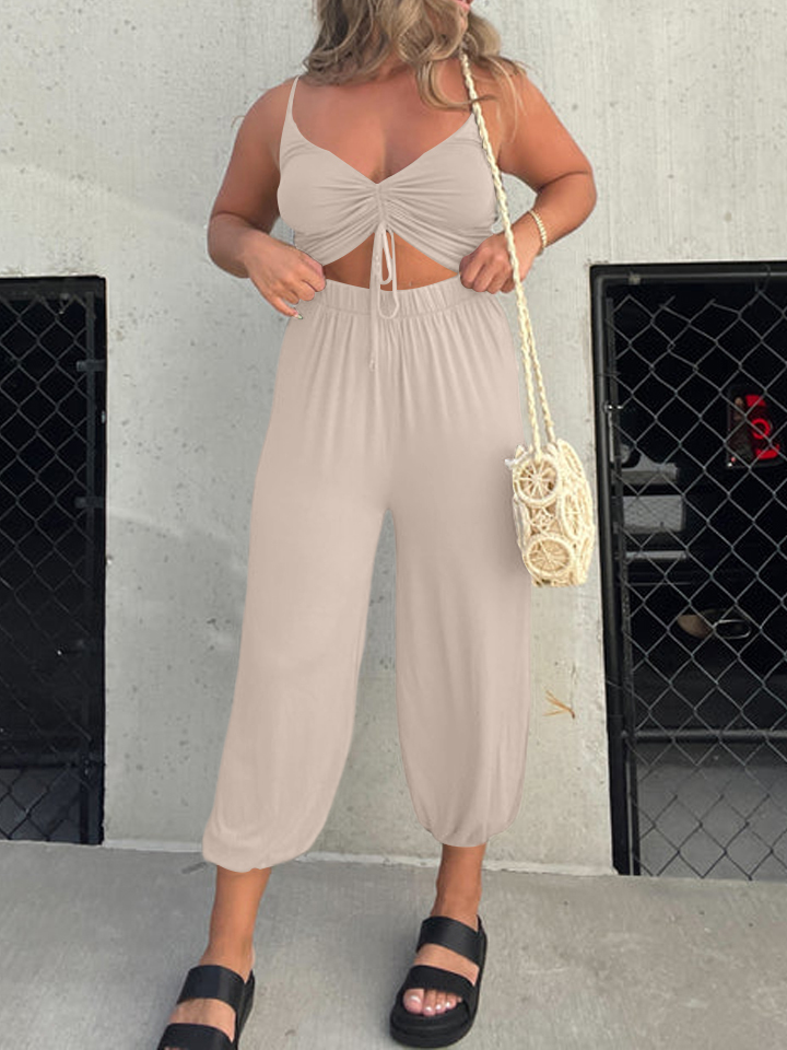 Drawstring Bow V-Neck Casual Jumpsuit