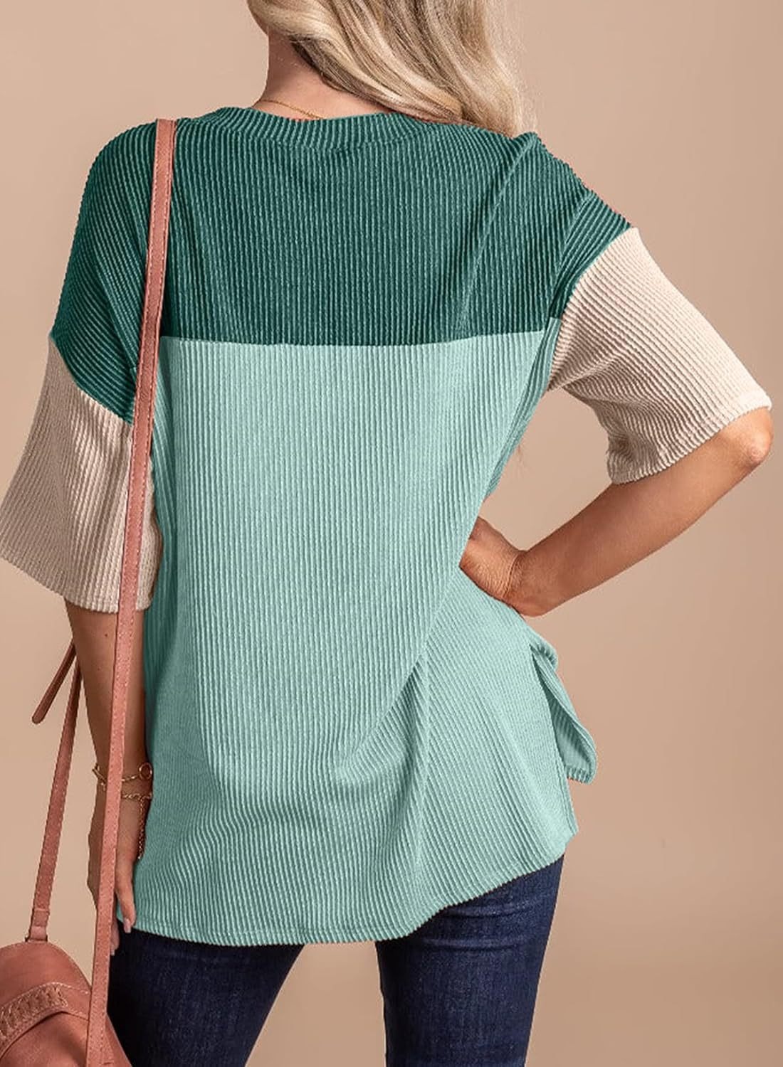  Color Block  Crewneck Knitted  T Shirts Tops