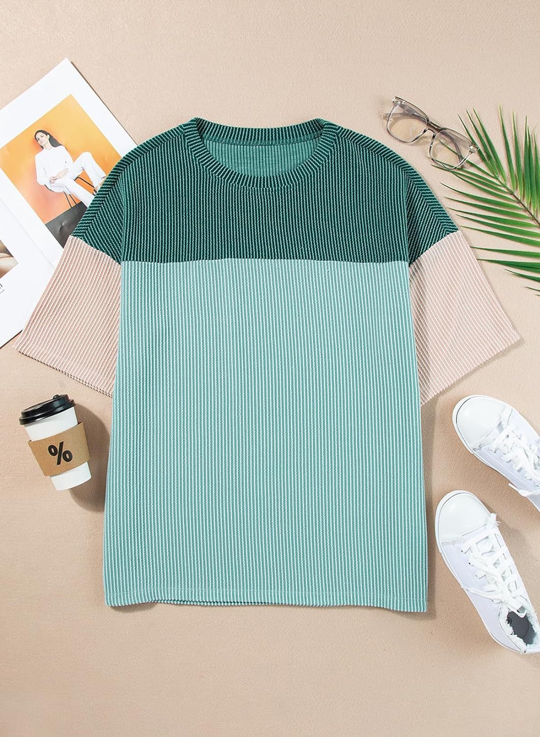  Color Block  Crewneck Knitted  T Shirts Tops