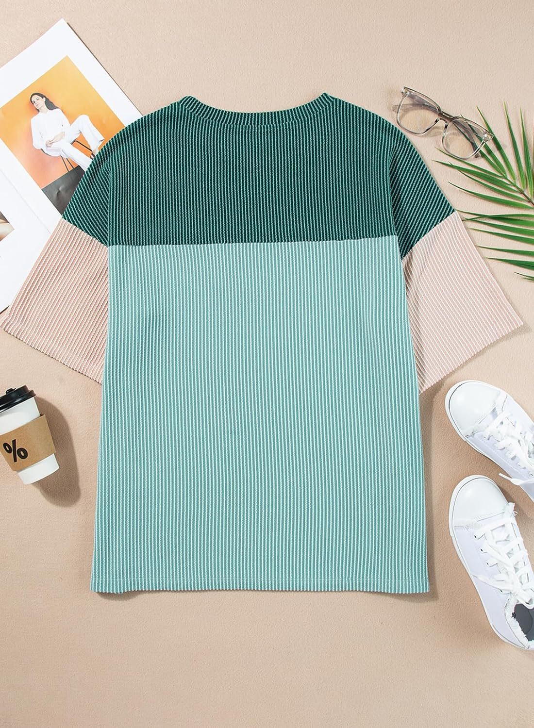  Color Block  Crewneck Knitted  T Shirts Tops