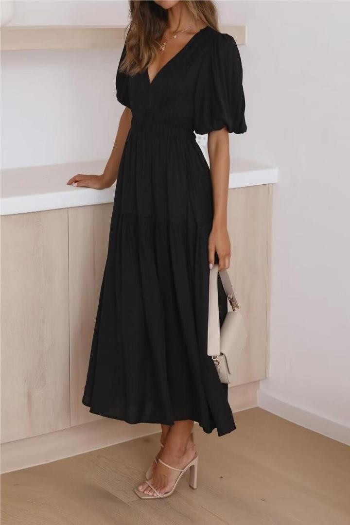 Summer Causal Dress Puff Sleeve A-line Flowy Tiered Midi Dresses(BUY 2 FREE SHIPPING)