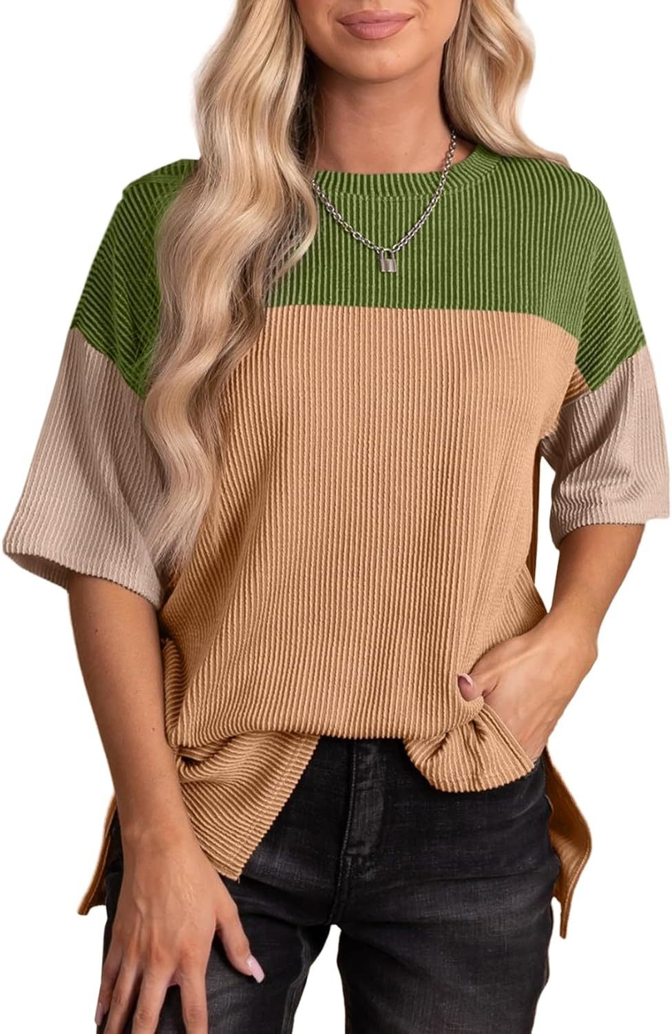  Color Block  Crewneck Knitted  T Shirts Tops