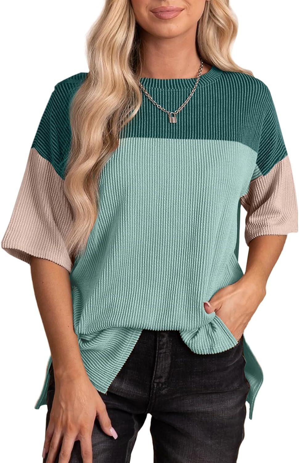  Color Block  Crewneck Knitted  T Shirts Tops