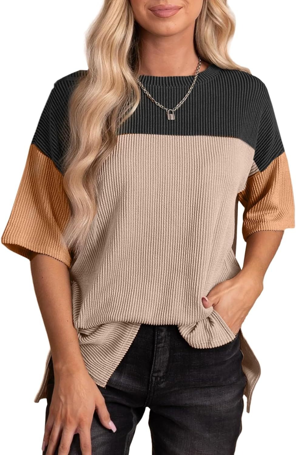  Color Block  Crewneck Knitted  T Shirts Tops