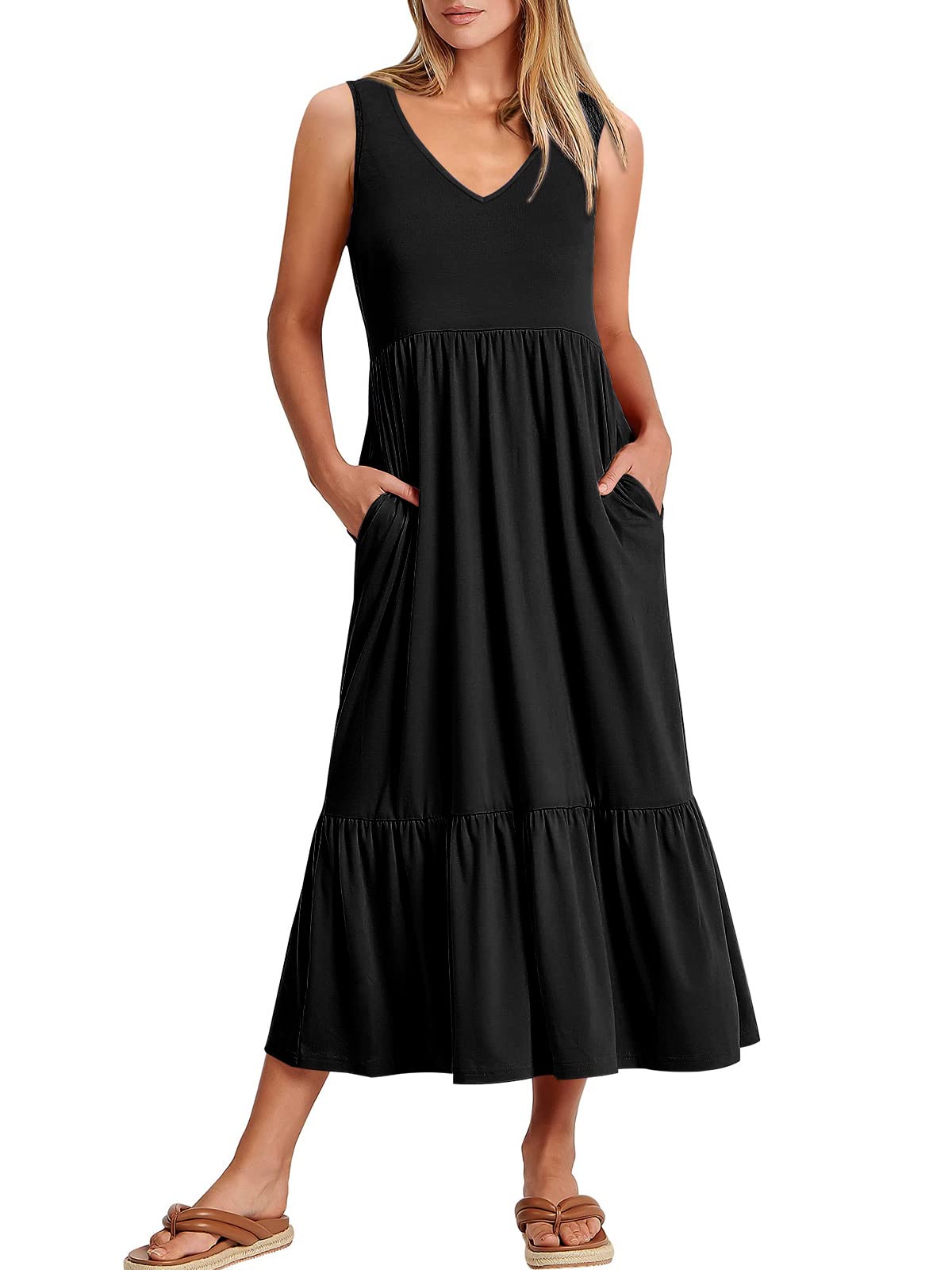 New Women's V Neck Layered Pocket Dress