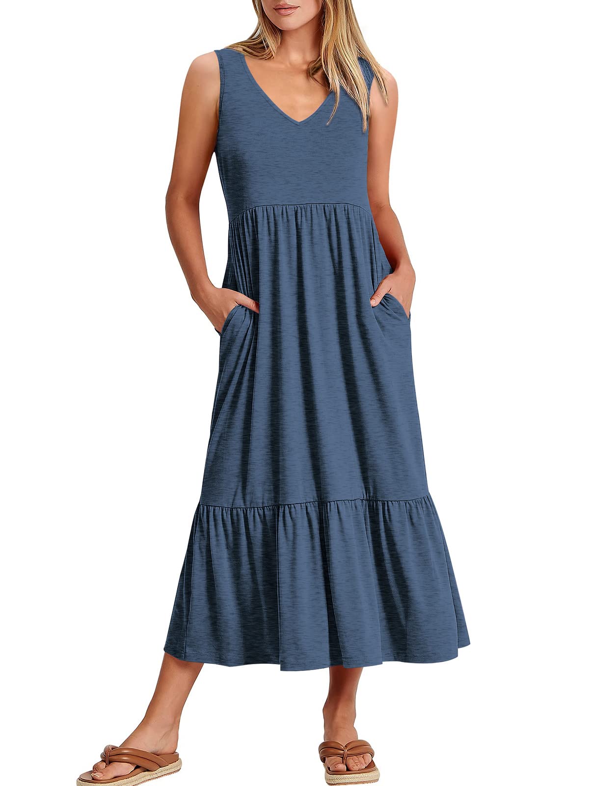New Women's V Neck Layered Pocket Dress