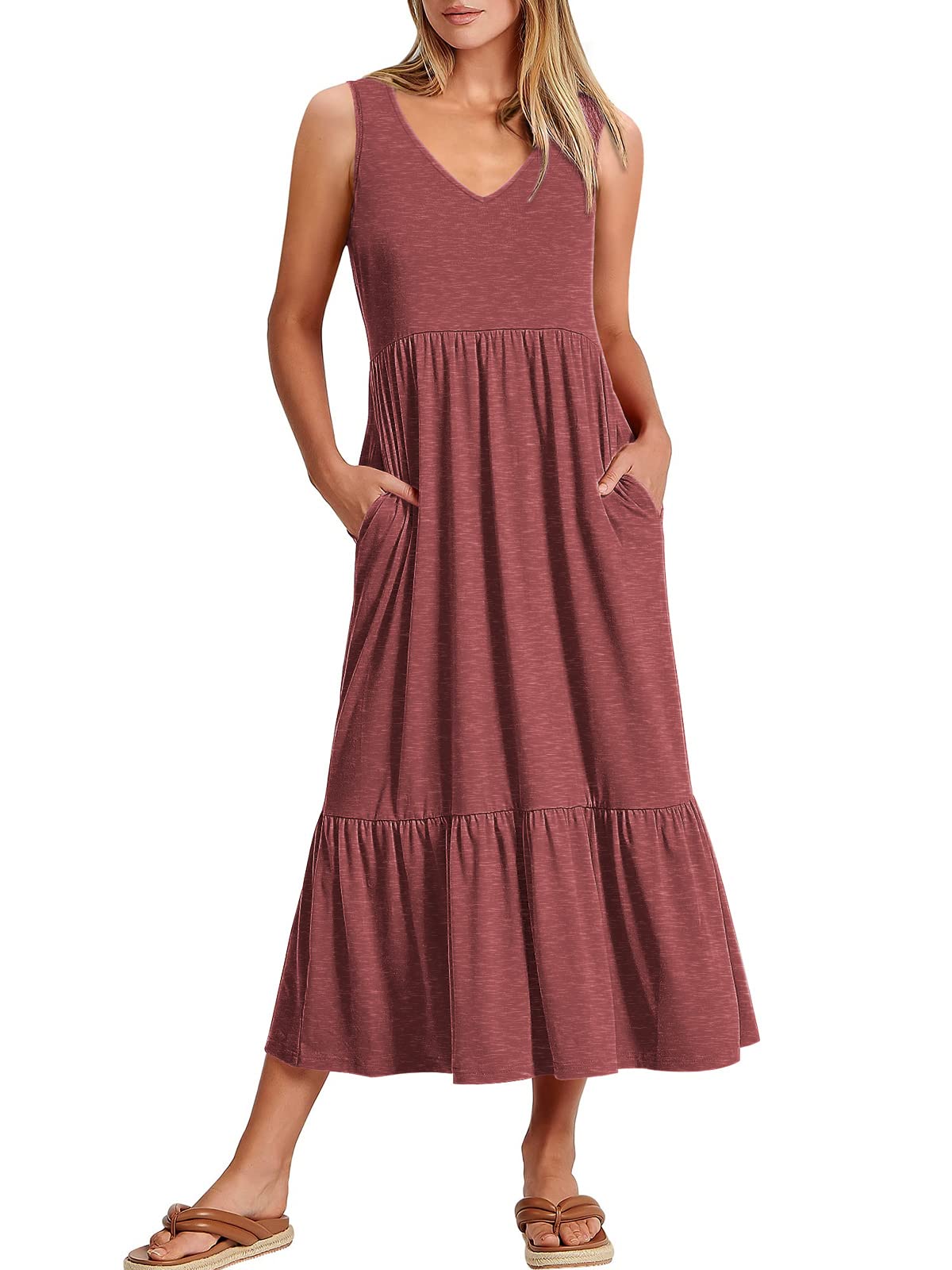 New Women's V Neck Layered Pocket Dress