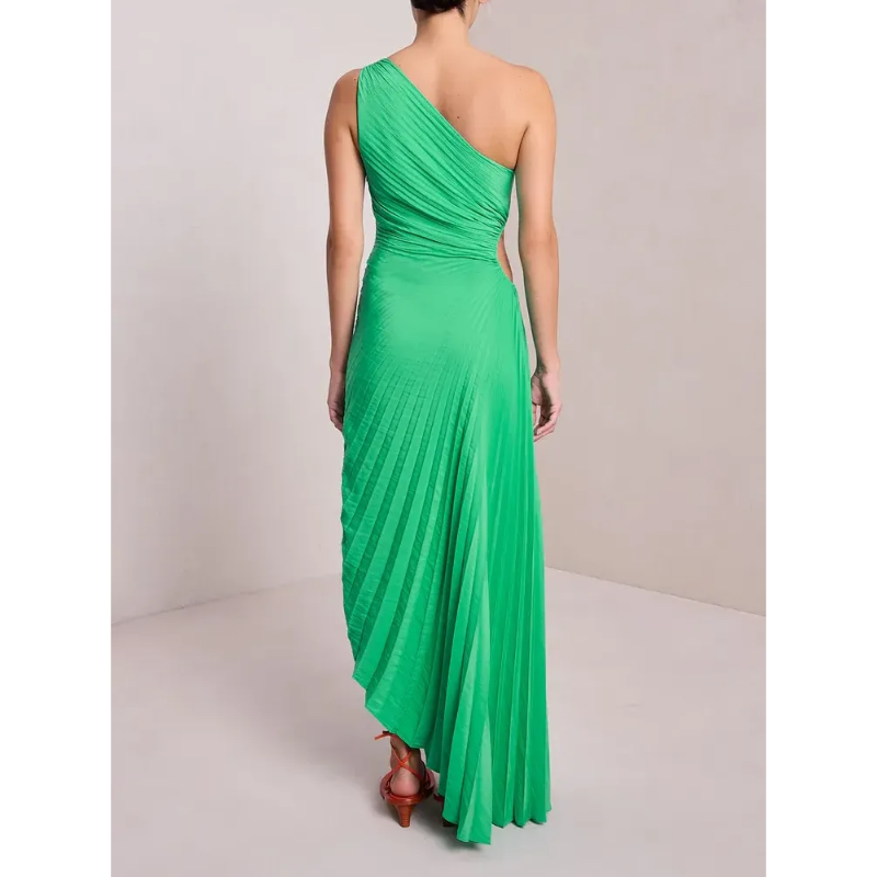 New One-Shoulder Diagonal Satin Pleated Dress