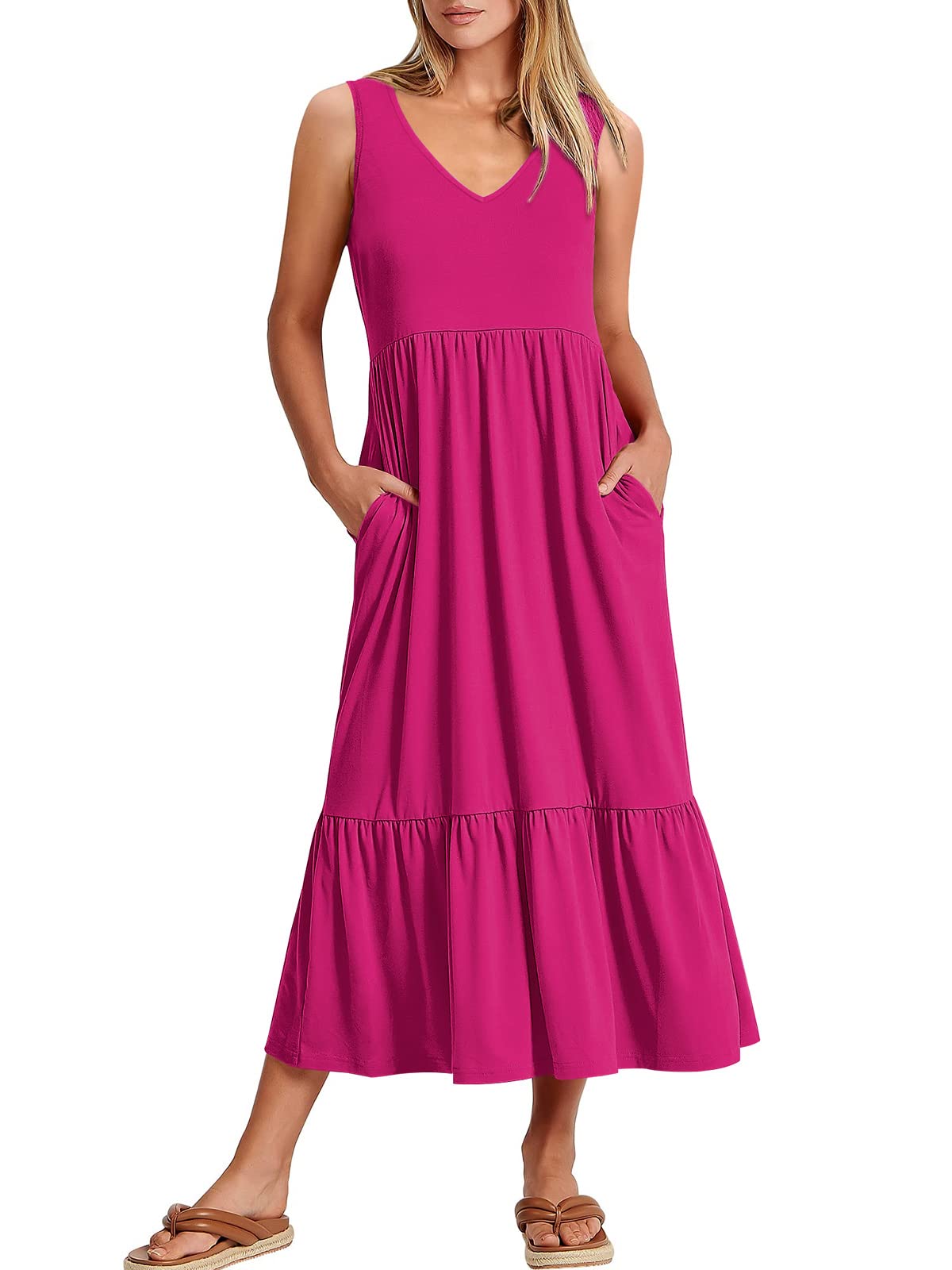 New Women's V Neck Layered Pocket Dress