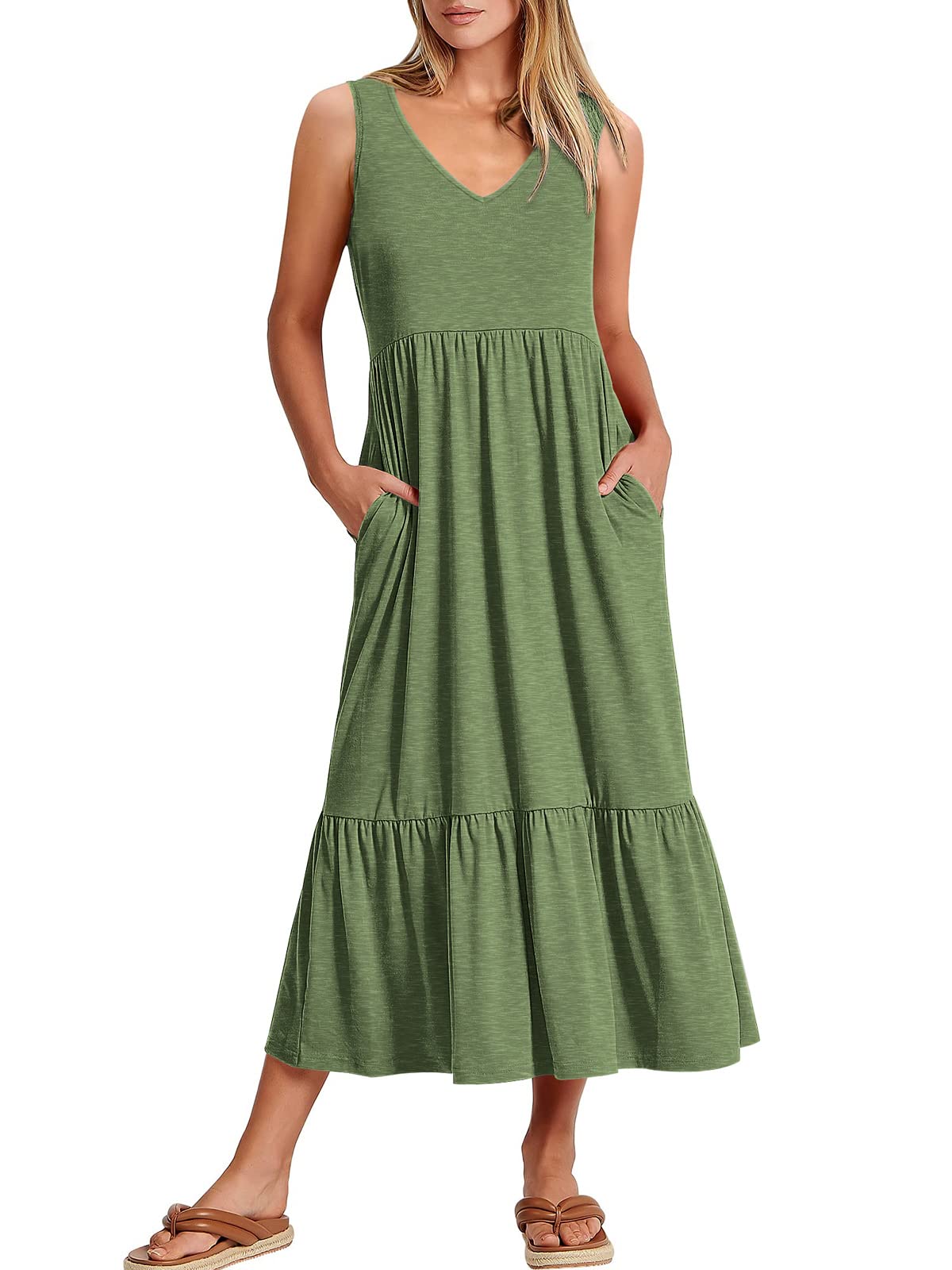 New Women's V Neck Layered Pocket Dress