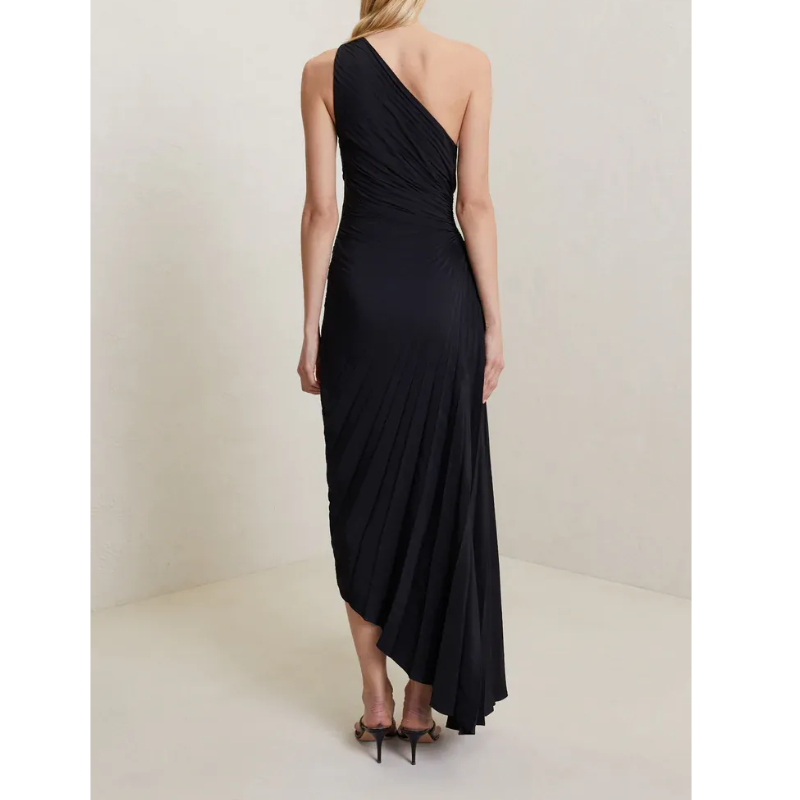 New One-Shoulder Diagonal Satin Pleated Dress