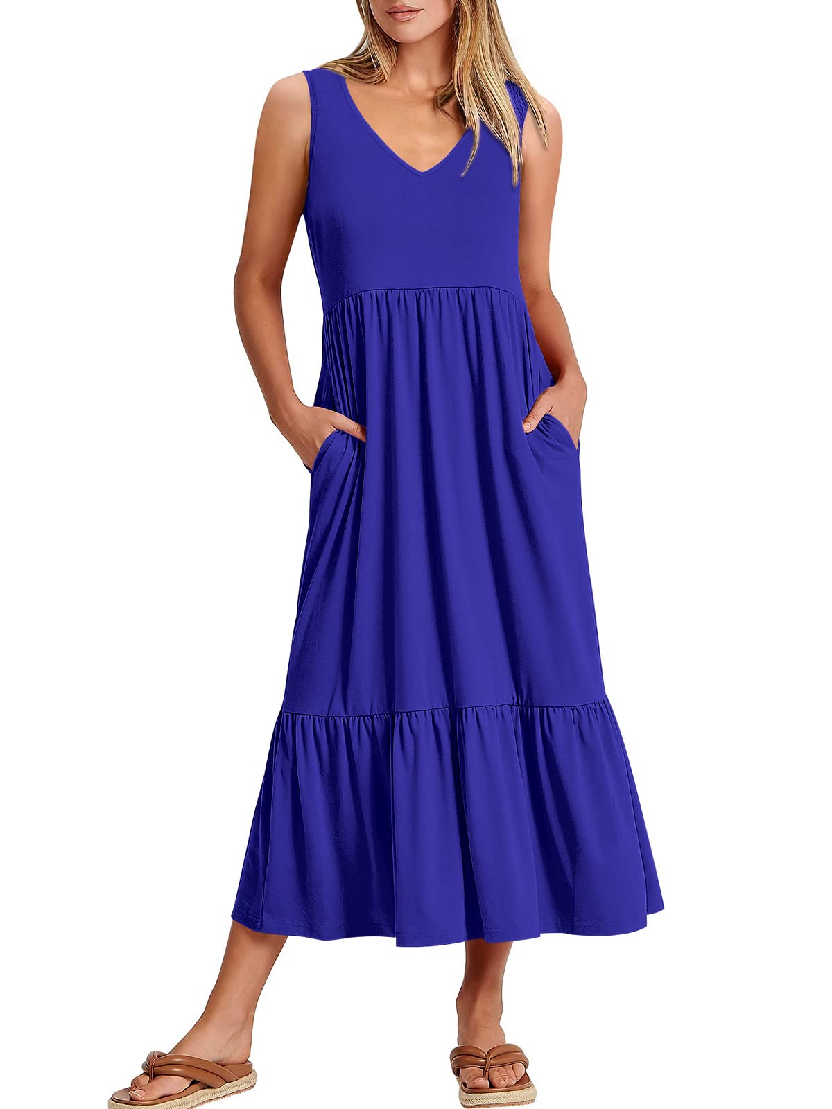 New Women's V Neck Layered Pocket Dress