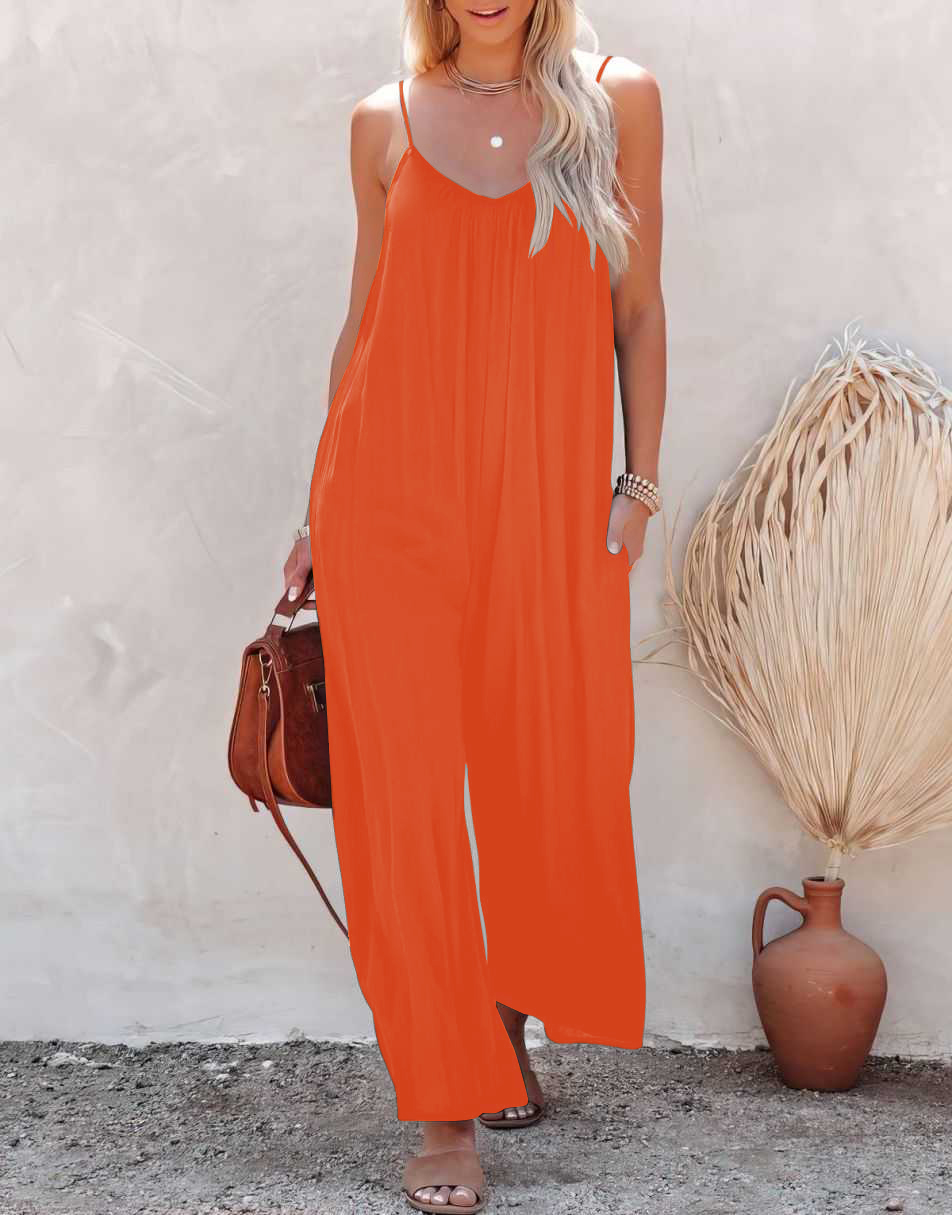 Sleeveless Spaghetti Strap Wide Leg Jumpsuits with Pockets