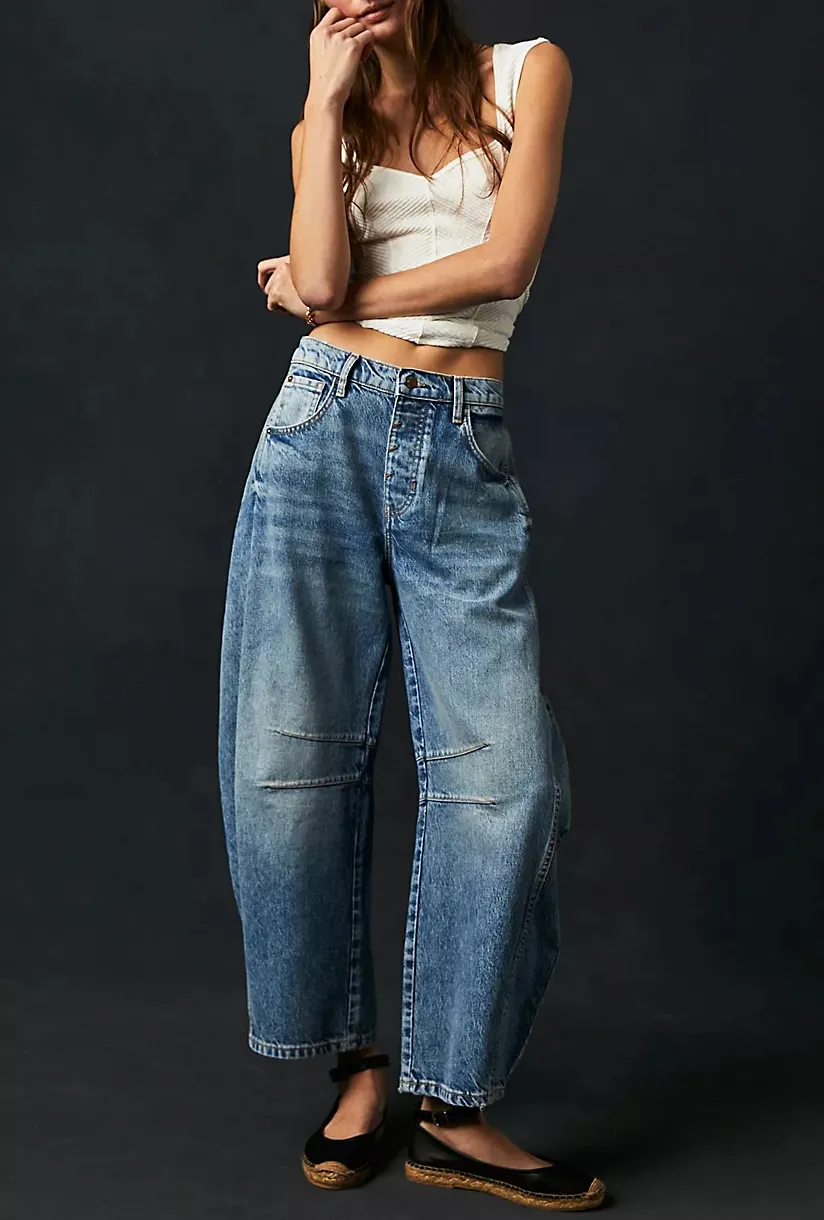 High Stretch Mid-Rise Barrel Jeans Fashion wide Leg Shape(Buy 2 Free Shipping)