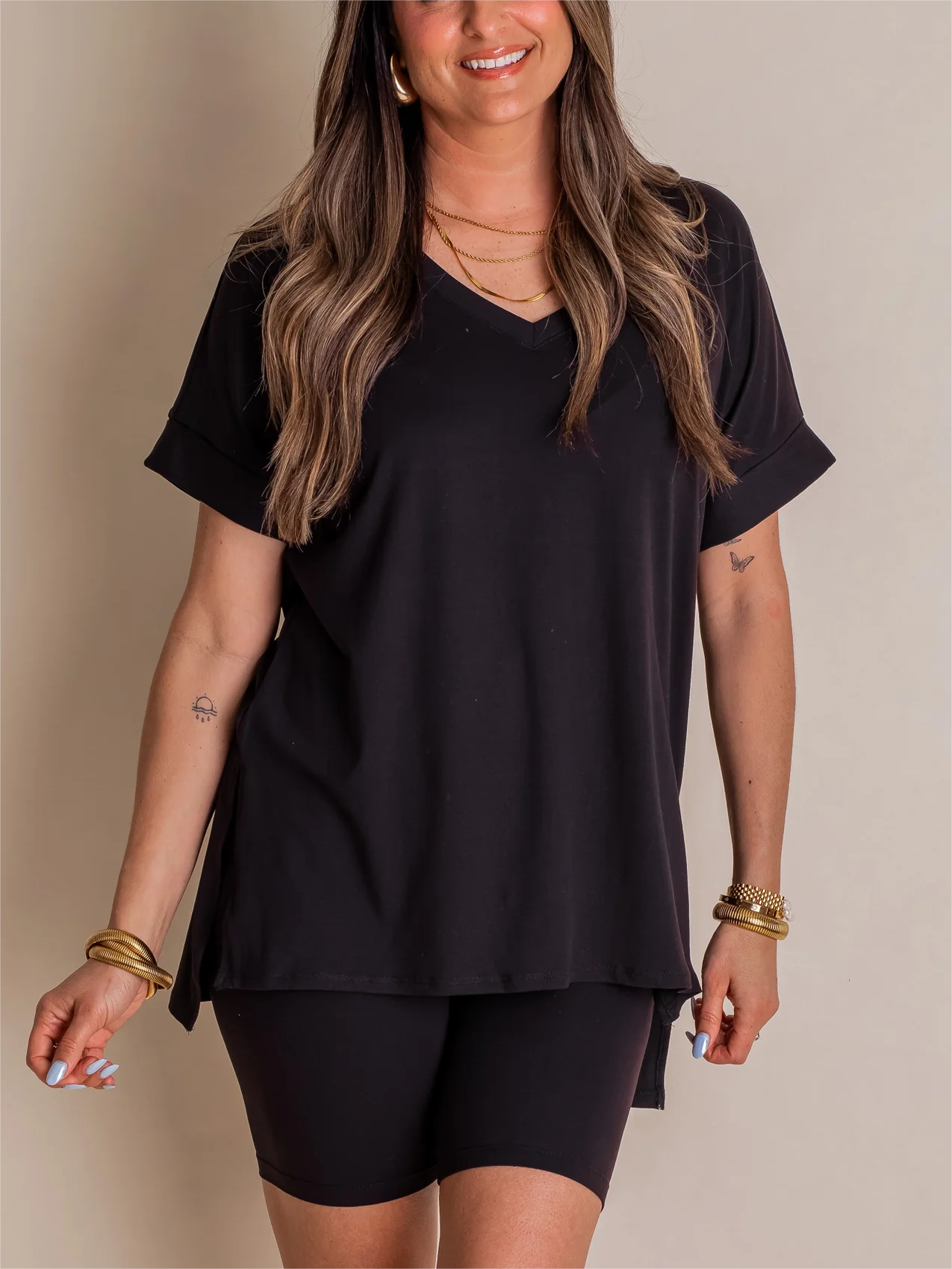 V-neck Short Sleeved Top & Biker Shorts Set(Buy 2 Free Shipping)