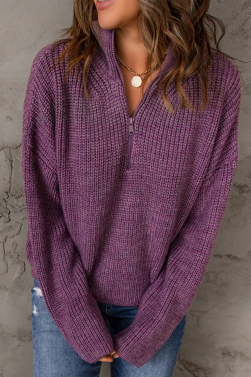 Half Zip Rib-Knit Dropped Shoulder Sweater (Final Days: Big Savings!!!)