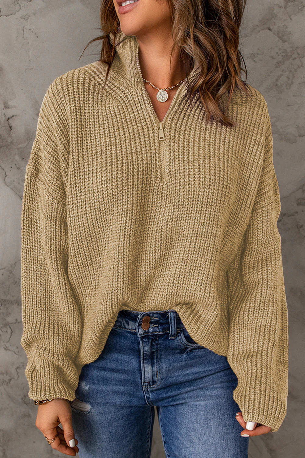 Half Zip Rib-Knit Dropped Shoulder Sweater (Final Days: Big Savings!!!)