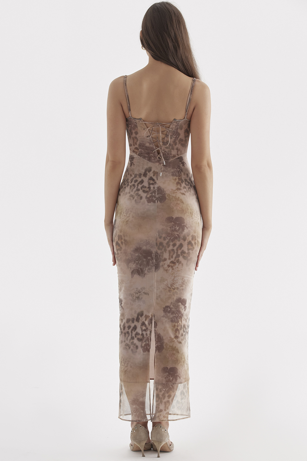 Lace Trim Vintage Print Slit Long Dress