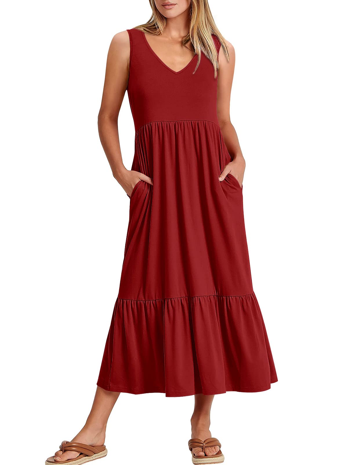 New Women's V Neck Layered Pocket Dress