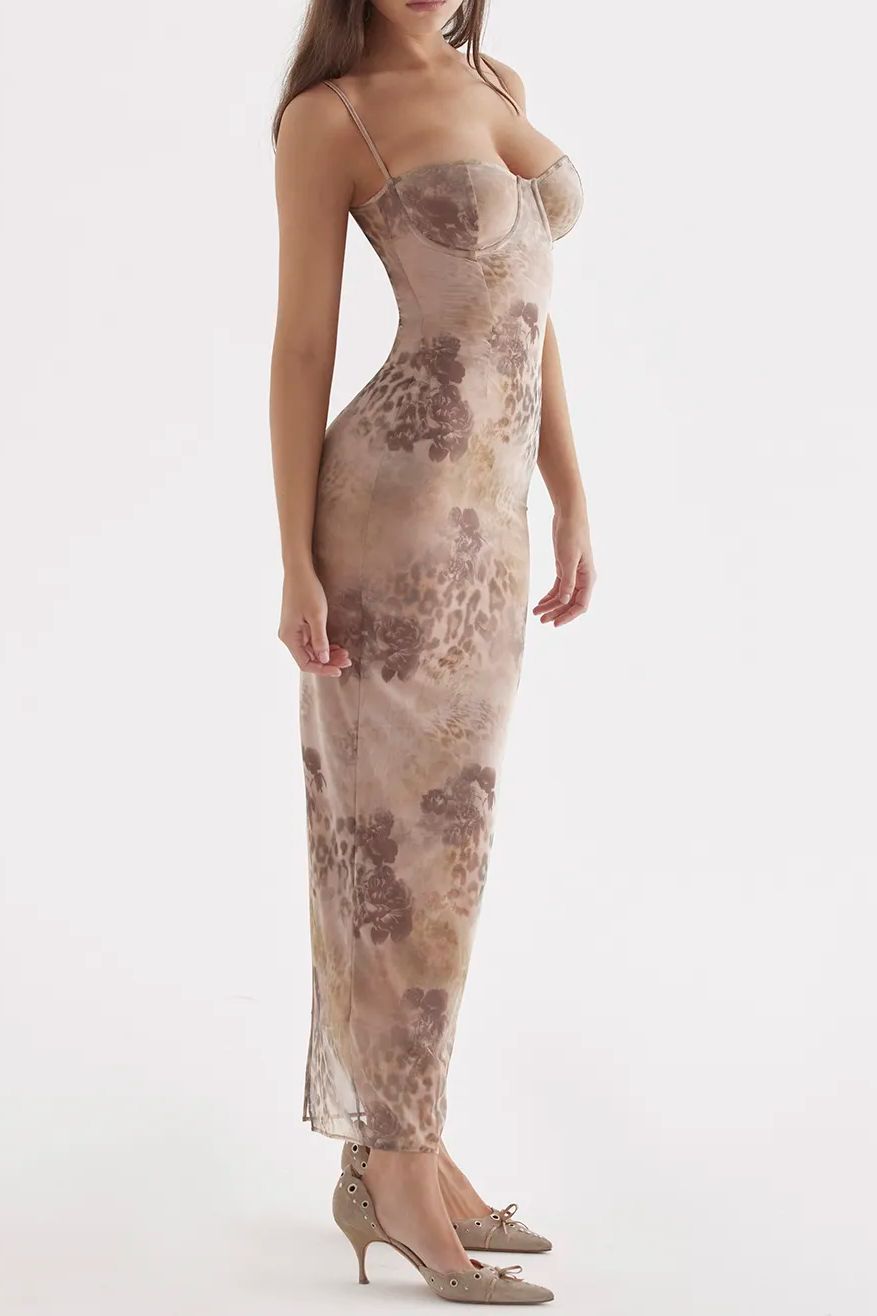 Lace Trim Vintage Print Slit Long Dress