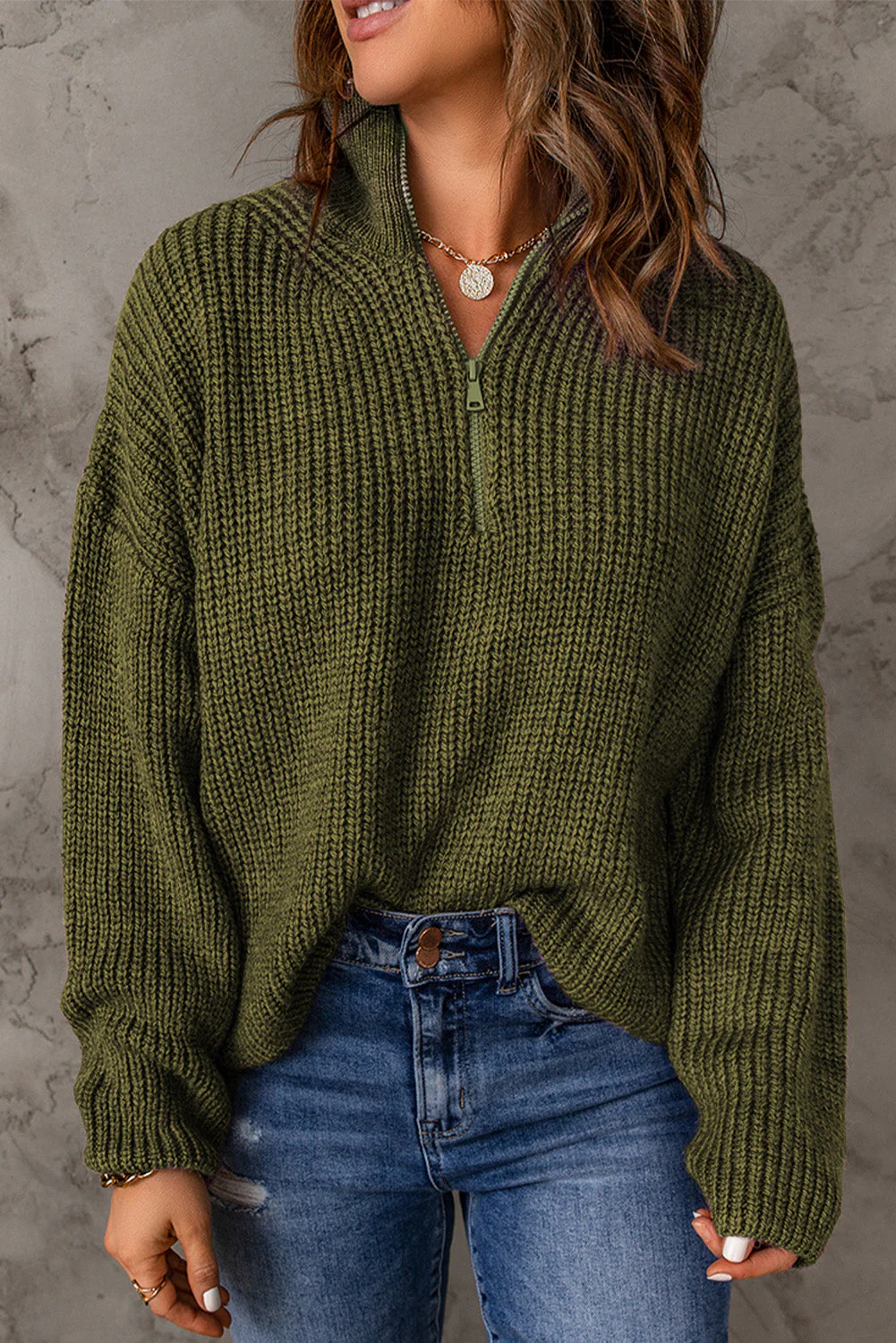 Half Zip Rib-Knit Dropped Shoulder Sweater (Final Days: Big Savings!!!)