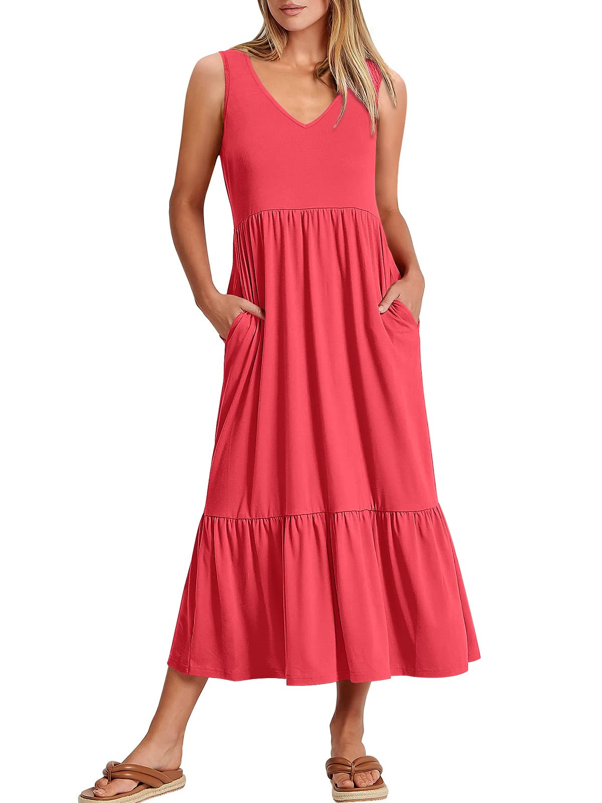 New Women's V Neck Layered Pocket Dress