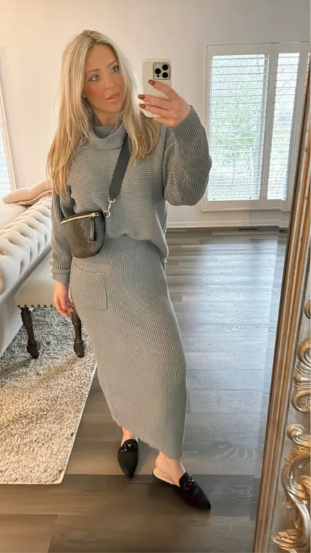 Women's 2 Piece Outfits Ribbed Knit Sweater Midi Pencil Skirt(BUY 2 FREE SHIPPING)