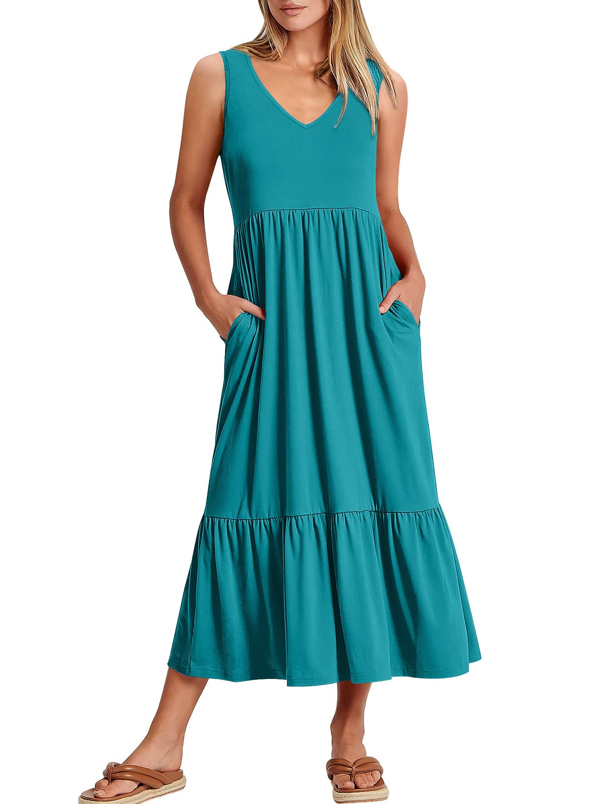 New Women's V Neck Layered Pocket Dress