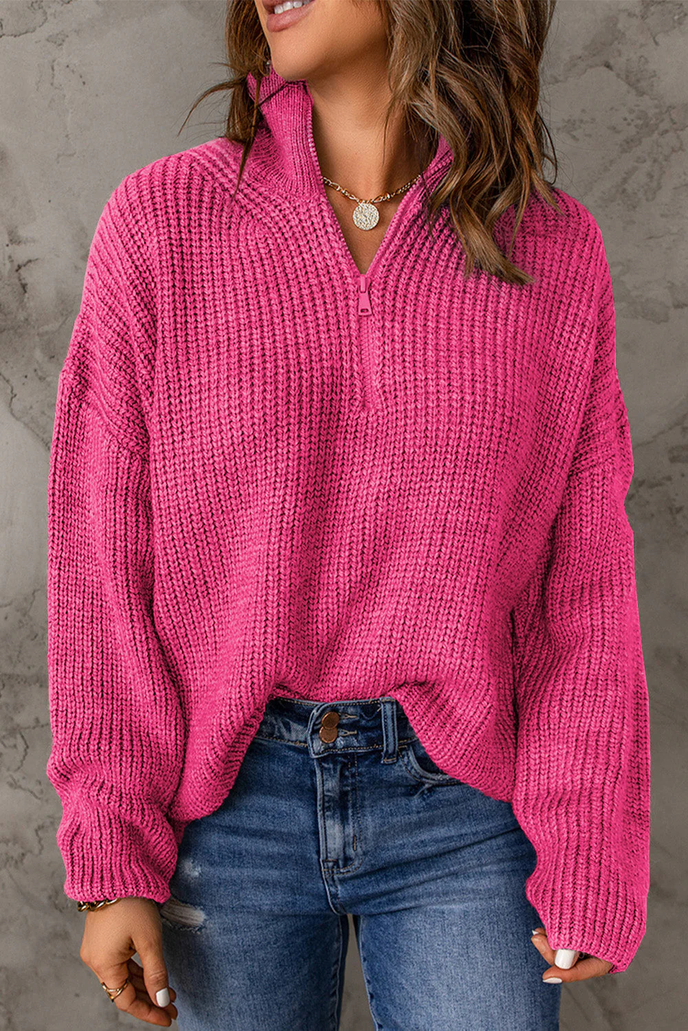 Half Zip Rib-Knit Dropped Shoulder Sweater (Final Days: Big Savings!!!)